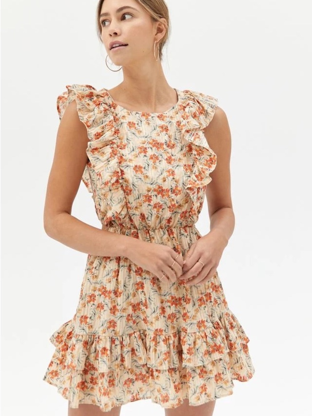 Floral Ruffle Tiered Mini Dress in Cream and Orange
